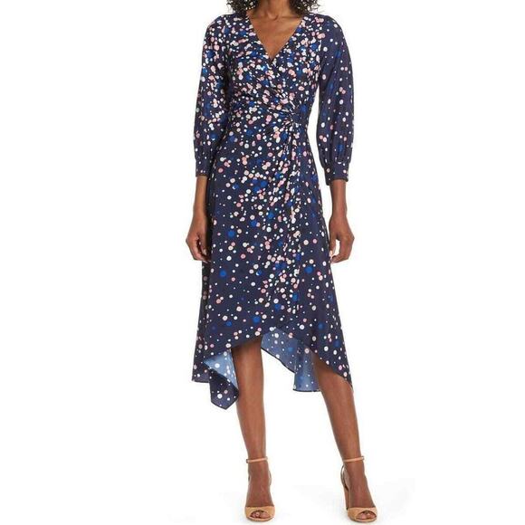Eliza J Women Faux Wrap Multicolor Polka Dot Midi V Neck Fit & Flare Dress 8 New - Picture 1 of 10